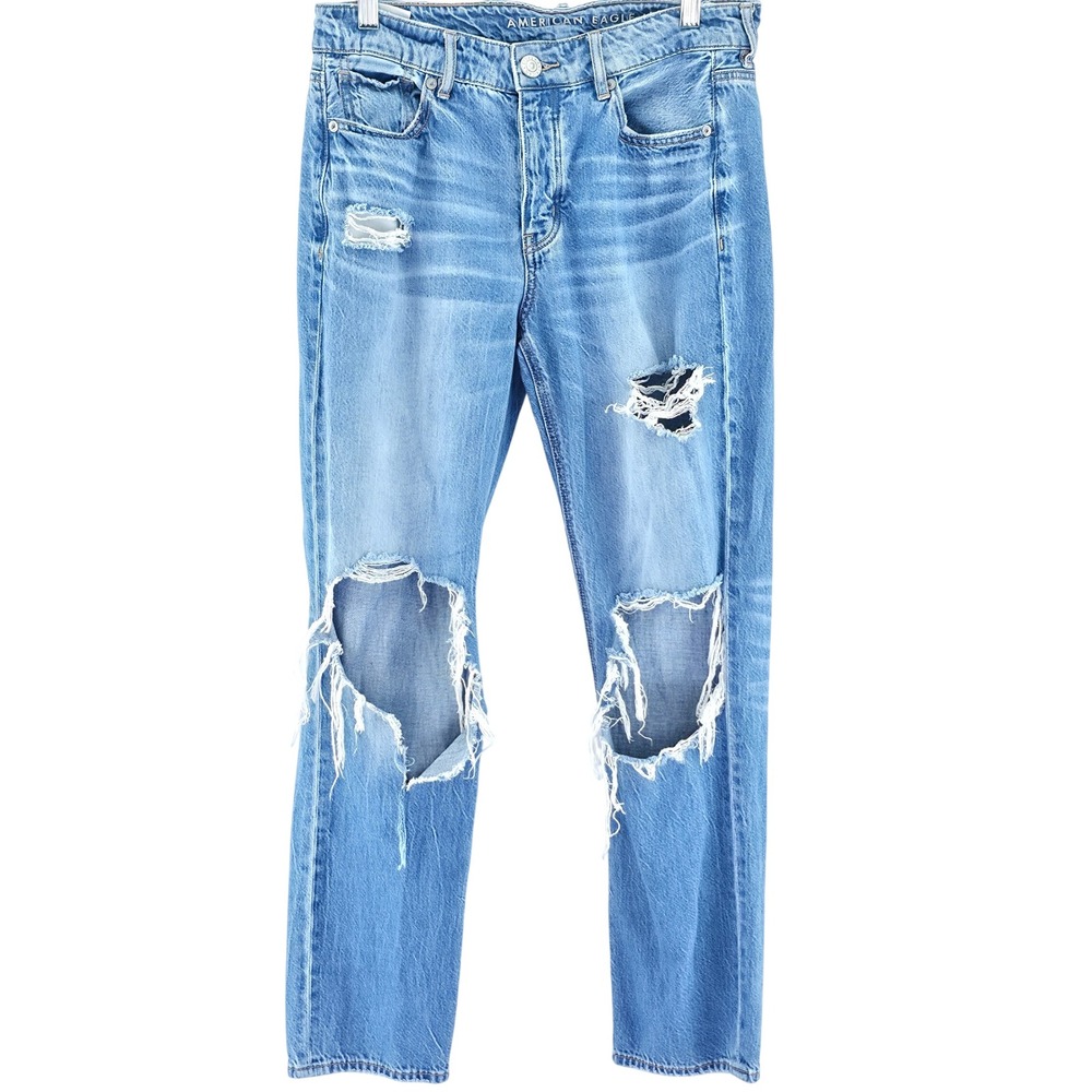 American Eagle Mom Jeans Womens 4 Light Blue Distressed Ripped High Rise Denim